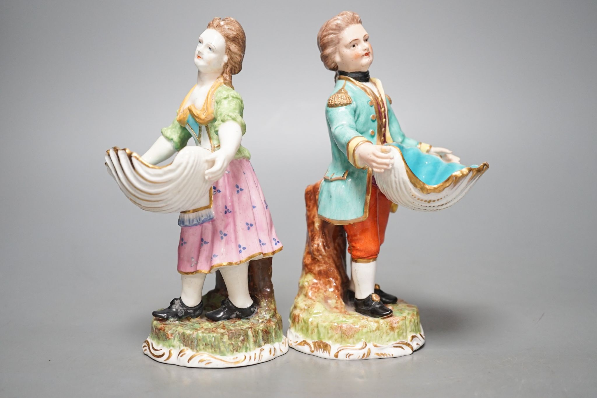 A pair of Sampson Hancock Derby figural salts 17cm